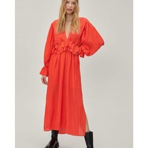 Nasty Gal Red Orange 
Frill V Neck Maxi Dress